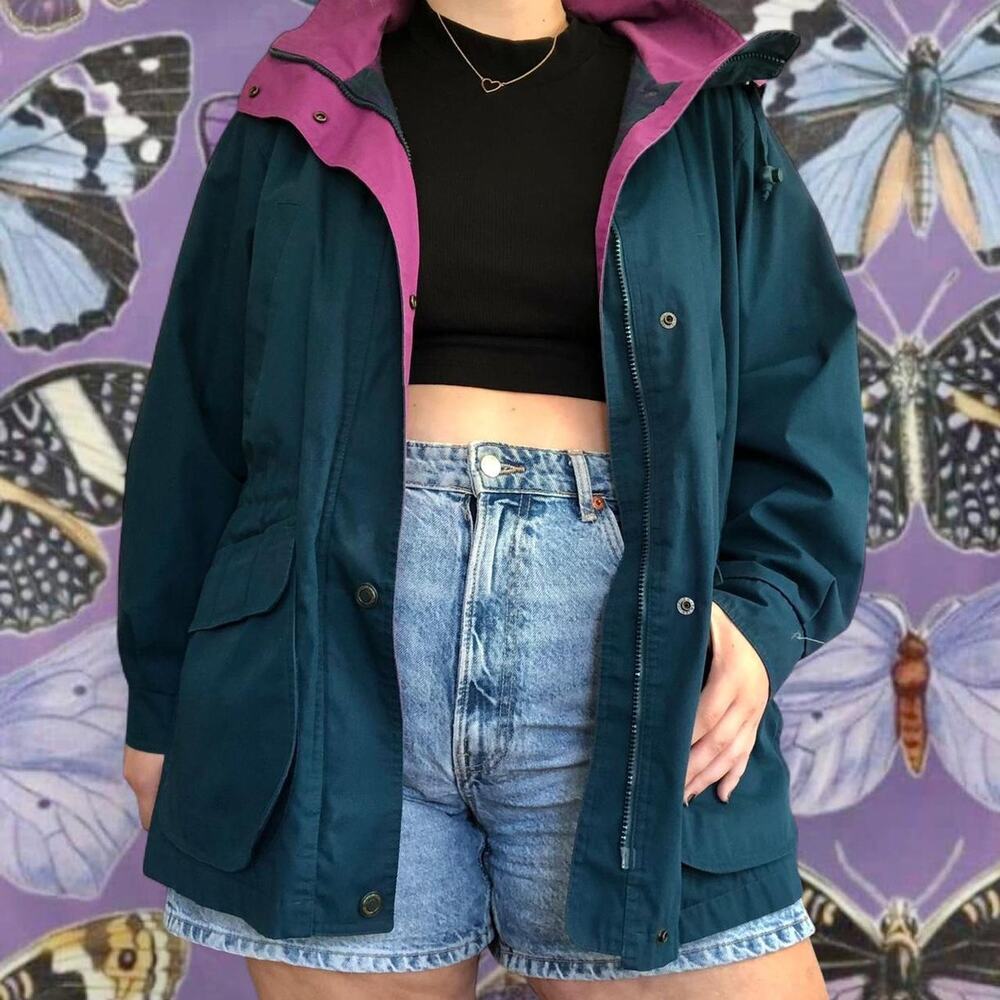 Vintage dark teal and purple raincoat